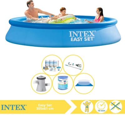 Intex Rond Opblaasbaar Easy Set Zwembad - 305 x 61 cm - Blauw - Inclusief Onderhoudspakket - Zwembadfilterpomp - Filter - Grondzeil - Stofzuiger - 6-delig