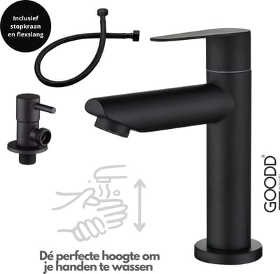 GOODD® - Fonteinkraan - Toiletkraan - Koudwaterkraan - Wc kraan - Zwart - Aansluitslang en Stopkraan
