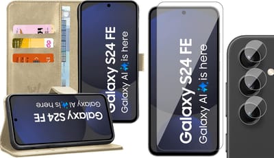 Hoesje geschikt voor Samsung Galaxy S24 FE - Screenprotector Glas & Camera - Portemonnee Book Case Goud