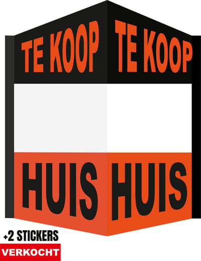 Raambord/ Immobord/ Makelaarsbord/ Vouwbord "Huis te koop" | 100 x 70 cm | + 2 stickers "Verkocht" | Raambord | V-bord | Inclusief sterke dubbelzijdige tape | Oranje | Zwart | 1 stuk