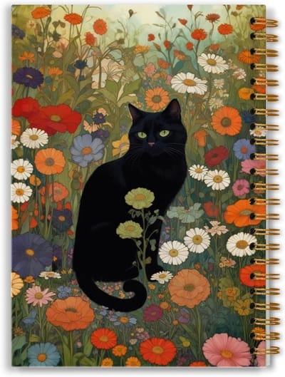 Wildflower Kat Notitieboek - Bloemen Dagboek - Ideeën Noteren - Hardcover Bescherming - 13.5 x 20.3 cm - Zwart