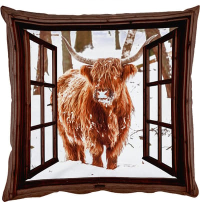 Sierkussens - Kussentjes Woonkamer - 50x50 cm - Schotse Hooglander - Sneeuw - Natuur - Dieren - Doorkijk - Winter