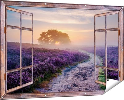 Gards Tuinposter Doorkijk Pad in de Weide van de Veluwe - 150x100 cm - Tuindoek - Tuindecoratie - Wanddecoratie buiten - Tuinschilderij
