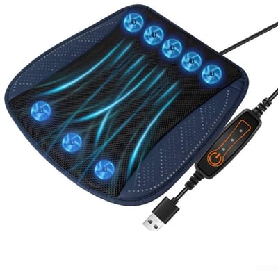 VHV - Autostoelkussen - Ventilerend autostoelkussen - Koelend stoelkussen - Met 8 ventilatoren - 3 standen - USB aansluiting - Ademend mesh - Voor auto en kantoor - 43 x 43 cm - Blauw