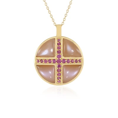 Cavill - Luxe Halsketting 925 Sterling Zilver - Perzik Maansteen Fancy Cabochon 16.2 ct & Rhodoliet Rond 0.67 ct - Elegant Dames Sieraad