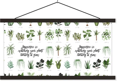 Posterhanger incl. Poster 60x30 cm - Schoolplaat - Spreuken - Quotes - Happiness is... watching your plant starting to grow - Planten - Textielposter - Zwarte latten