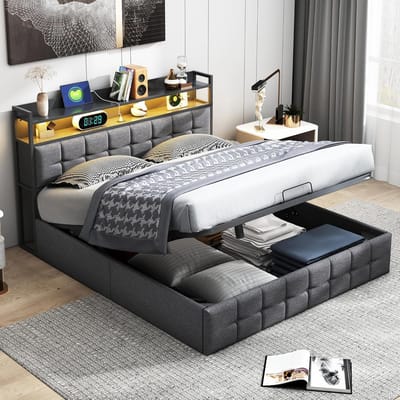 Tweepersoons gestoffeerd bed 160x200 cm met opbergruimte en USB-lading
