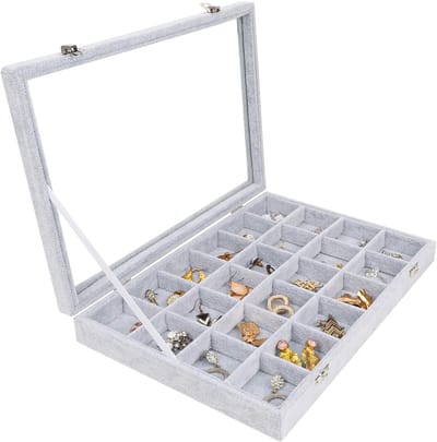 SPHProducts - Grijs Velours Sieraden Organiser - 24 Secties - Stapelbare Tray - Aanpasbare Opslag voor Ringen en Oorbellen - Geschikt voor Dames en He