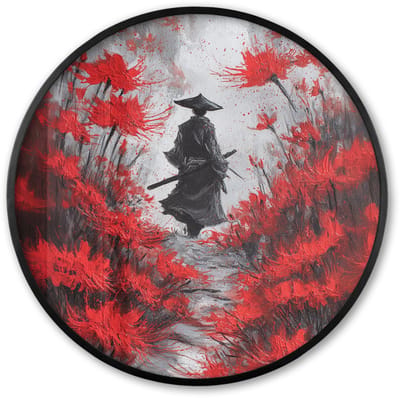 Poster in lijst Rond - Fotolijst 60x60 cm - Posters - Rode bloemen - mistig - Man - Ronde posterlijst zwart - Decoratie - Wanddecoratie woonkamer - Muurdecoratie slaapkamer