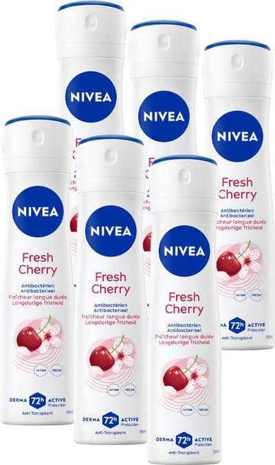 NIVEA Fresh Cherry Anti-Transparant Deodorant Spray - 72u Bescherming - Langdurige Frisse Geur - Voordeelverpakking - 6 x 150 ml