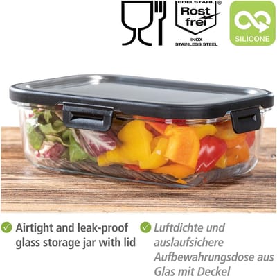 WENKO Glazen bewaarbak Steel 1 liter, luchtdichte bewaarbak van glas met deksel van roestvrij staal, vaatwasmachinebestendige bak, ruimtebesparend stapelbaar & lekvrij, 20 × 7 × 15 cm
