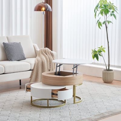 STILVORA Salontafel - 2 Delige Rond Set Met Opberglades - Klapbare Grote Tafel - Compacte Kleine Tafel - Modern Design Voor Woonkamer - 70x70/56,5+60x60 cm - MDF - Wit + Houtkleur