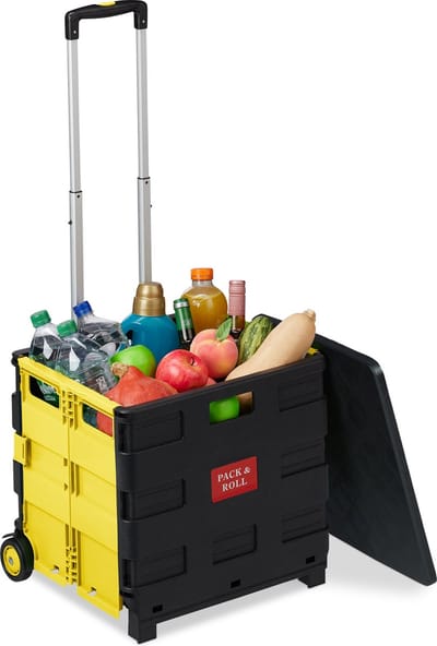 boodschappentrolley - inklapbaar - tot 35 kg - 50 l krat - telescopisch handvat - vouwkrat - 2 wielen - geel-zwart