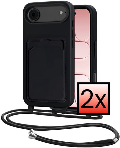 Hoes Geschikt voor iPhone Air Hoesje Pasjeshouder Cover Met Koord Case Siliconen Hoes Met Telefoonkoord en Kaarthouder - Zwart - 2 PACK
