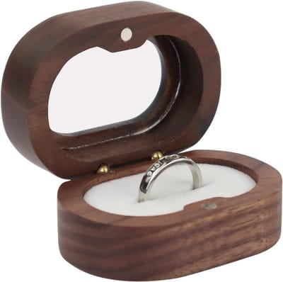 Houten Ringdoos met Dubbele Ringgroef en Transparant Venster voor Verlovingen en Trouwen, Vintage Ringhouder voor Sieradenopslag