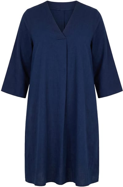 Ulla Popken - Dames - Jersey jurk sierplooi V-hals 3/4-mouwen zakken - Donkerblauw denim - Maat 62+