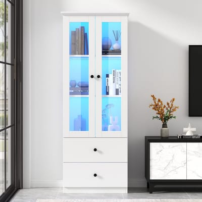 HAUSS SPOLE Vitrine - Vitrinekast Met 16-Kleurige LED En USB Afstandsbediening - 2 Glazen Deuren 2 Lades Verstelbare Planken - MDF - 165x60x35,5 cm - Wit