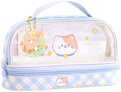Store_8 - Transparante pennenetui - Multifunctionele potloodzak - Grote capaciteit - Blauw Katje - Cartoon etui - Geschikt voor kinderen en studenten
