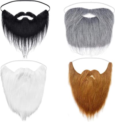 Set van 4 nepbaarden en snorren voor kostuumfeesten, Halloween en Kerstmis - Verstelbare elastische koord, verschillende kleuren beschikbaar