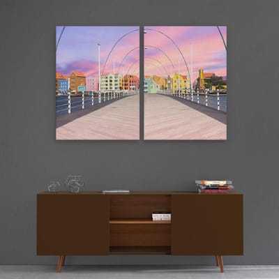 Artaza Canvas Schilderij Tweeluik Willemstad Gekleurde Huisjes in Curaçao  - 120x80 - Foto Op Canvas - Canvas Print