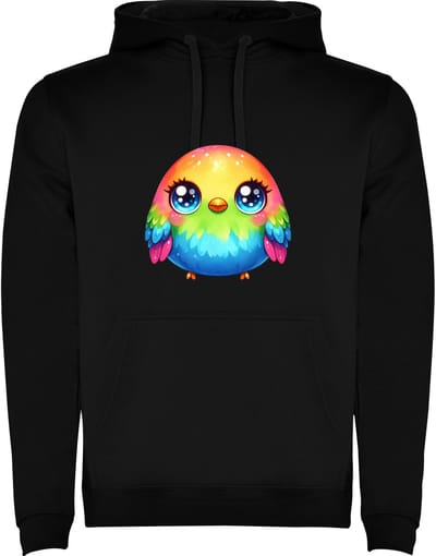 Zwarte Hoodie Kleurrijke Blije Vogel - Schattig - Regenboog kleuren oranje snavel - Cartoon - Humor Maat M