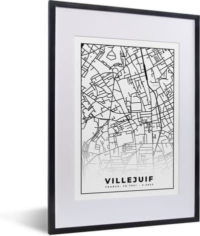 Fotolijst incl. Poster Zwart Wit- Stadskaart - Frankrijk - Villejuif - Kaart - Plattegrond - Zwart wit - 30x40 cm - Posterlijst