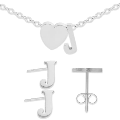 Initiaal Armband & Oorbellen set met Letter J Zilverkleurig - Stainless Steel - Met letter & Hartje! - 2x Sieraden Cadeau - Pax Amare