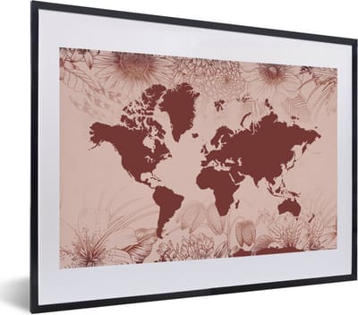 Poster in lijst - Fotolijst 60x40 cm - Posters - Wereldkaart - Bloemen - Rood - Posterlijst zwart - Decoratie - Wanddecoratie woonkamer - Muurdecoratie slaapkamer
