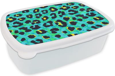 Broodtrommel Wit - Lunchbox - Brooddoos - Panterprint - Neon - Dieren - Design - 18x12x6 cm - Volwassenen