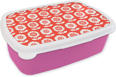 Broodtrommel Roze - Lunchbox Bloemen - Patroon - Rood - Brooddoos 18x12x6 cm - Brood lunch box - Broodtrommels voor kinderen en volwassenen