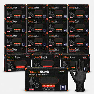 NaturaSterk Diamond Grip Nitril Handschoenen Zwart XL/9 – 8 Gram – Extra Grip – Poedervrij & Latexvrij – 20 Dozen – 1000 Stuks