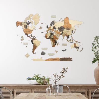 Houten Wereldkaart Decoratie - Muurdecoratie 3D - Woonkamer Inrichten - Gedetailleerde Gravures - 100x70cm - Multicolor