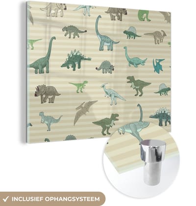 MuchoWow® Glasschilderij 160x120 cm - Schilderij acrylglas - Dinosaurus - Bruin - Groen - Jongens - Meisjes - Kinderen - Foto op glas - Schilderijen