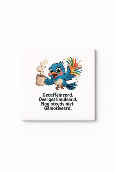 Grappige “Gecaffeïneerd Overgestimuleerd Nog Steeds Niet Gemotiveerd” Keramische Tegel – Schattige Vogel Koffie Quote Tegel – Humor Keuken Wanddecoratie Cadeau