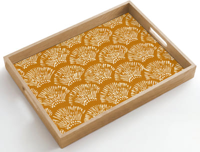 Dienblad hout 50x35 cm - Schootdienblad - Waaierachtige motieven - Geel - Vintage - Borrelplank rechthoek - Plateau dienbladen