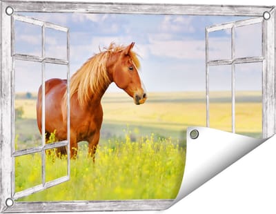 Gards Tuinposter Doorkijk Bruin Paard in de Wei - 60x40 cm - Tuindoek - Tuindecoratie - Wanddecoratie buiten - Tuinschilderij