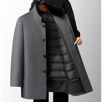 Heren Verdikte Woljas met Afneembare Donzen Voering, Middellange Lengte, met Dikke Bontkraag, Herfst en Winter Wollen Jas voor Middelbare en Oudere Mensen 4XL grijs
