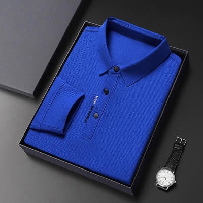 Herfst Nieuw Lang T-shirt Heren Revers Poloshirt Jeugd Zakelijk Slim Effen Kleur Lange Mouw Herenkleding XXXXL blue