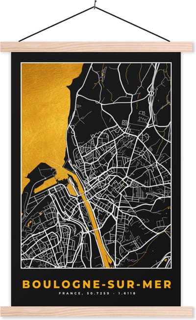 Posterhanger incl. Poster 40x60 cm - Schoolplaat - Plattegrond – Boulogne-sur-Mer – Stadskaart – Kaart – Frankrijk - Textielposter - Blanke latten - Stadskaart