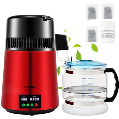 VEVOR 4L Water Distiller 750W 1 L/H Gedistilleerd Water Maker Machine met 0-99 H Timing Instelling en Temp Display, 304 Roestvrijstalen Aanrecht Distilleerder met Glazen Karaf, Reinigingspoeder en 3 Carbon Packs