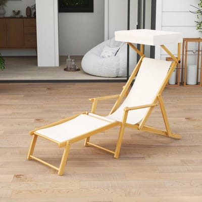 Houten Ligstoel met Verstelbaar Zonnedak - 4 Standen Verstelbaar - Tuin, Strand of Zwembad