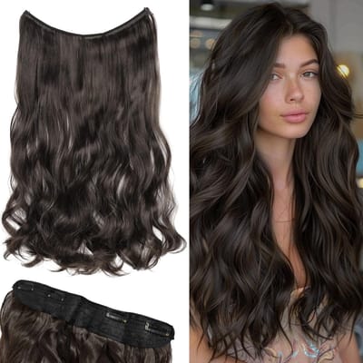 Korte golvende haarverlengingen van 17 inch, synthetisch haarstuk met 4 clips, verstelbaar en natuurlijk uitziend voor dames (Bruinzwart)