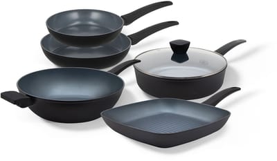 BE Living Pannenset 5-delig - Ø 24 & 28 cm Koekenpan + Ø 32 cm Wokpan met Deksel + Ø 28 cm Hapjespan + Ø 28 Grillpan - Koekenpannenset - Keramisch - Inductie Pannen - PFAS Vrij Anti Aanbak - Delight Series