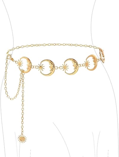 Verstelbare Metalen Tailleketting met Zon en Maan, Vintage Lichaamsketting voor Jurken en Jeans met Rhinestone en Zirconia Edelstenen