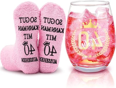 Leuke 40ste Verjaardag Cadeauset voor Vrouwen - Inclusief Rode Wijnglazen en Sokken voor Moeder of Oma
