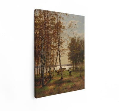 Artaza Canvas Schilderij Landschap - 90x120 cm - Wanddecoratie Koeien Aan Het Water - Muurdecoratie Berkenbomen - Decoratie Oude Meesters