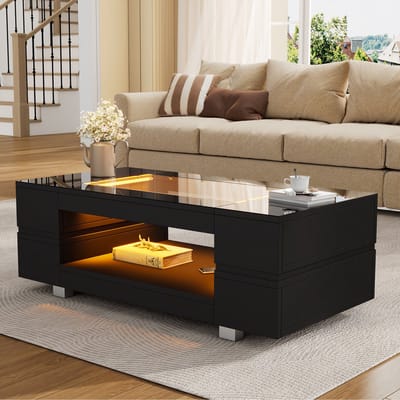 REDOM Salontafel 100x50x35 cm van spaanplaat en gehard glas, zwart, LED met app-besturing en hol ontwerp