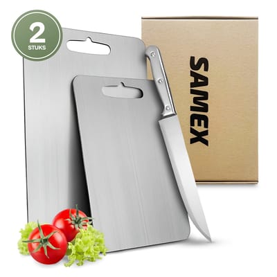 Samex® Snijplanken 2 st incl. Keukenmes - Titanium Gestabiliseerd Roestvrij Staal - Snijplanken - Vaatwasserbestendig - Set 2 stuks - Cutting Board - Chopping Board - Antibacterieel - Keukenmes