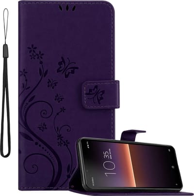 Cadorabo Hoesje geschikt voor Sony Xperia 10 II in BLOEMEN DONKER PAARS - Beschermhoes in bloemmotief met magnetische sluiting, standfunctie en kaartsleuven Book Case Cover Etui