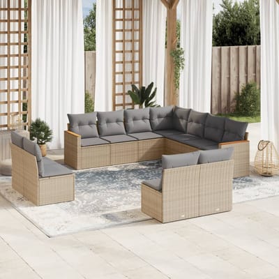 vidaXL - 11-delige - Loungeset - met - kussens - poly - rattan - gemengd - beige